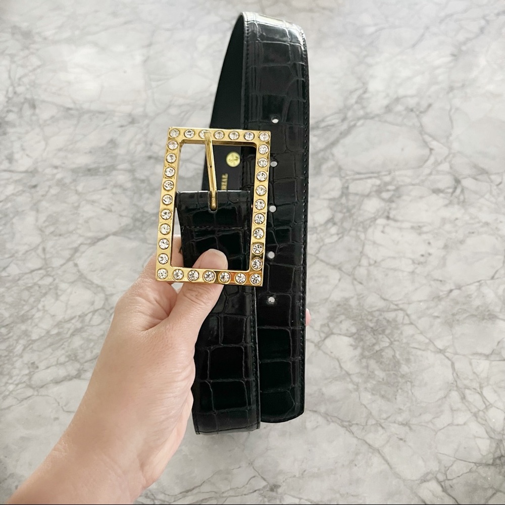 Black Croc Skin Belt with Gold Buckle